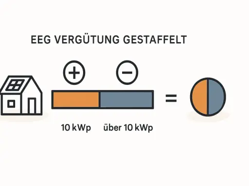 Schema zur gestaffelten EEG-Vergütung in Deutschland: Haus mit Solaranlage, geteilter Balken für 10 kWp und über 10 kWp, ergibt Kreisdiagramm.