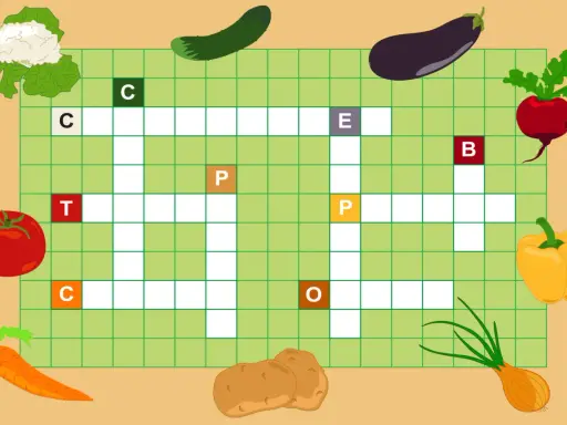 Cruciverba online con verdure: cavolfiore, pomodoro, carota, cipolla, patate, peperone, melanzana, rapa, cetriolo.