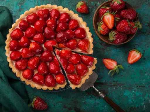 Une magnifique tarte aux fraises, garnie de fruits rouges brillants, est prête à être dégustée. Une part a été coupée, révélant la crème onctueuse.