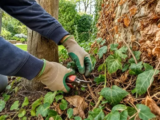 Mains gantées taillant le lierre grimpant au pied d'un arbre et d'un mur couvert de feuilles sèches.