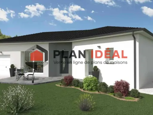 Une maison moderne de 110m2 avec garage, terrasse et jardin paysager. Le logo PLAN IDEAL est visible.