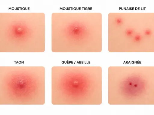 Comparaison de six types de piqûres : moustique, moustique tigre, punaise de lit, taon, guêpe/abeille et araignée. Chaque image montre un différent bouton sur la peau.