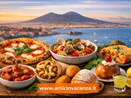 Un banchetto di specialità di Napoli: pizza, spaghetti alle vongole, ragù, fritture e dolci, con il Vesuvio sullo sfondo.