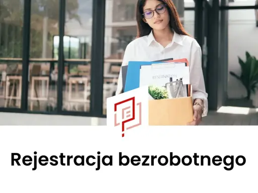 Kobieta z dokumentami i pudełkiem rzeczy wychodzi z biura. Zbliża się rejestracja bezrobotnego.