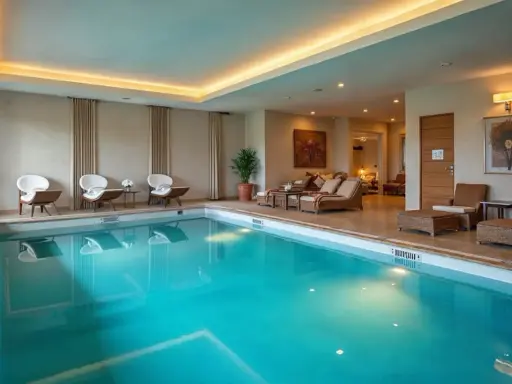Elegancki basen hotelowy z turkusową wodą, wygodnymi leżakami i stylowymi meblami wypoczynkowymi.