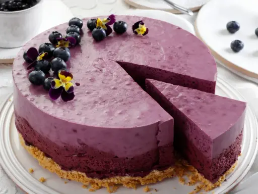 Ein wunderschöner Kuchen zum Muttertag, dekoriert mit frischen Blaubeeren und Veilchen.