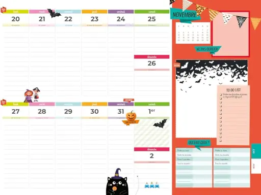 Calendrier d'octobre et novembre avec des illustrations d'Halloween. Idéal pour organiser votre agenda familial, application de planification.