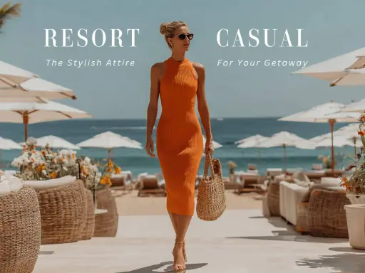 A woman walks on a beach path in a vibrant orange dress, showcasing resort casual attire. Umbrellas and lounge chairs dot the sandy shore.