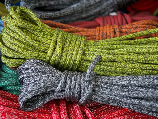 Des cordages colorés, prêts pour l'aventure. Quel cordage choisir pour votre prochaine expédition ? Vert, gris, rouge, orange, bleu... le choix est vaste.