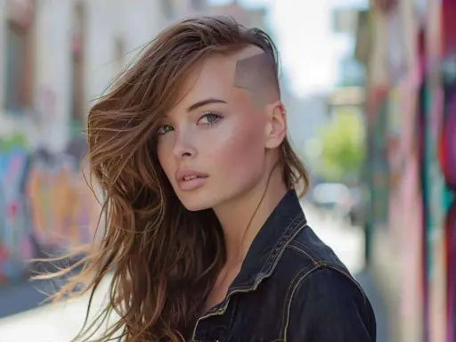 Jeune femme au regard intense, arborant une coupe de cheveux audacieuse : côté rasé, le dessus long et ondulé.