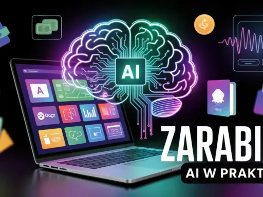 AI napędza najskuteczniejsze zarabianie w internecie. Grafika przedstawia mózg AI, laptop z aplikacjami, portfele i symbol dolara.