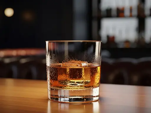 Ett glas med en gyllene dryck, en isbit och kondens på glaset. En perfekt godfather drink på en träyta.