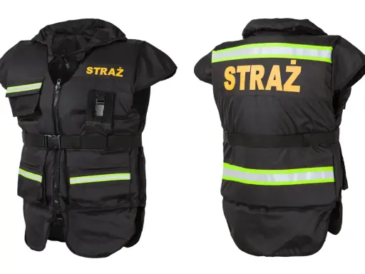 Czarna kamizelka asekuracyjna ze znakiem "STRAŻ" i odblaskami. Czy kamizelka asekuracyjna utrzyma na wodzie? Tak, to sprzęt ratowniczy.