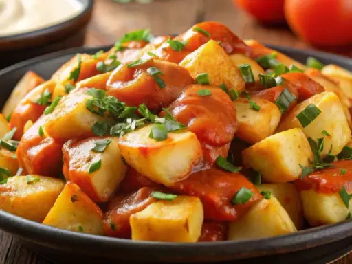 En skål med gyllene, friterade potatisbitar täckta av en kryddig tomatsås och toppade med färska örter. En klassisk rätt med patatas bravas.