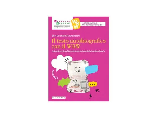 Copertina libro "Il testo autobiografico con il WRW", laboratorio di scrittura per la scuola primaria. Illustrazione di una valigia aperta con oggetti personali.