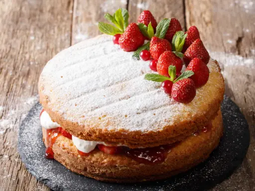 Gâteau génoise fraise, garni de crème, confiture et fruits rouges frais, saupoudré de sucre glace.