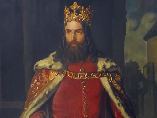 Portret króla Kazimierza Wielkiego, który zasłużył na ten przydomek dzięki swoim dokonaniom. Król w koronie i purpurowym płaszczu.