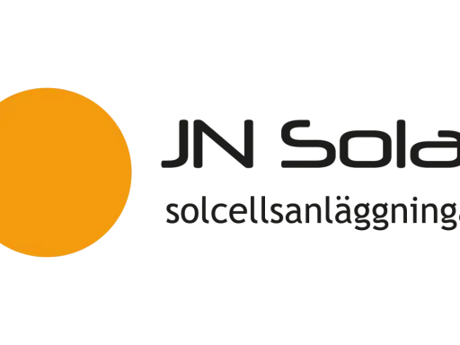 JN Solar: solcellsanläggningar. En orange sol till vänster, texten JN Solar och solcellsanläggningar till höger.