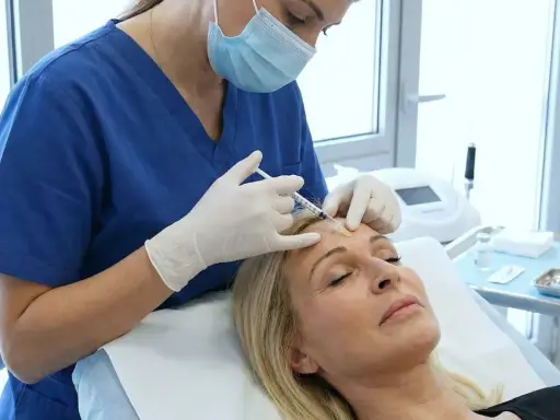 Medico esegue iniezione di botulino per chirurgia estetica sul viso di una donna.