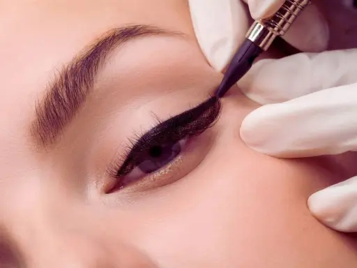 Application d'un eye liner permanent. Le processus de maquillage permanent, incluant la cicatrisation, pour un regard intense.