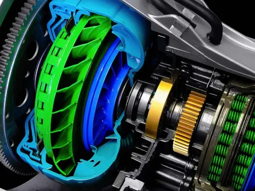 Corte detallado de una **caja de cambios automática** con turbina verde y azul, engranajes dorados y resortes verdes.