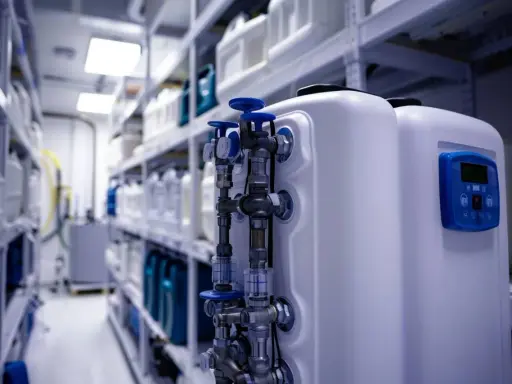 Système de plomberie d'un adoucisseur d'eau, prêt à récupérer l'eau pour sa régénération. Des étagères remplies de bidons sont visibles en arrière-plan.