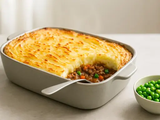 En gyllene gratinerad cottage pie med köttfärs och grönsaker, redo att serveras. Ett perfekt recept för en mysig middag.