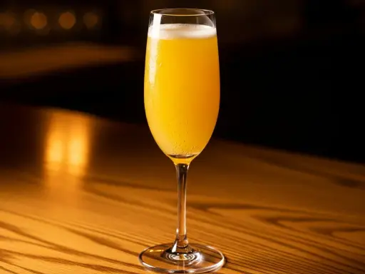 Ett glas med en gyllene mimosa drink, bubblig och uppfriskande, står på ett träbord i varmt ljus.