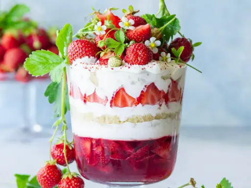 Verrine fraise fromage blanc, un délice estival en couches de génoise, crème et fruits rouges frais, décorée de fraises et de fleurs.