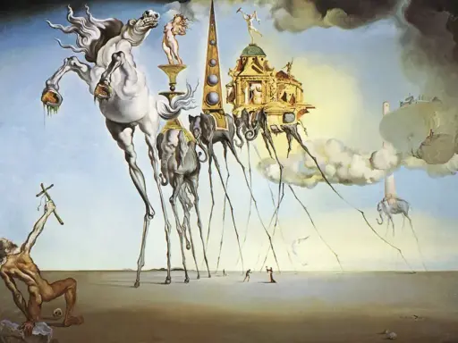 Surrealizm w czystej postaci: koń na szczudłach, słonie z długimi nogami, unoszące się budowle i postać z krzyżem.