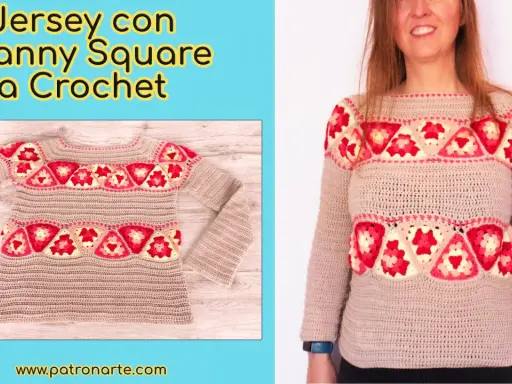 Jersey beige con detalles de granny squares en rosa y amarillo. ¡Encuentra el patrón jersey crochet gratis para crear el tuyo!