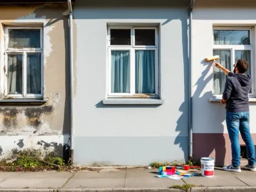 Un homme est en train de refaire un mur extérieur avec un rouleau. Des échantillons de couleurs et un pot de peinture sont posés au sol.