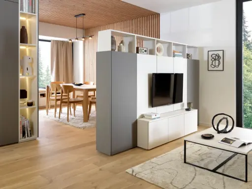 Aménagement salon TV moderne avec séparation de pièces, étagères et mobilier épuré.