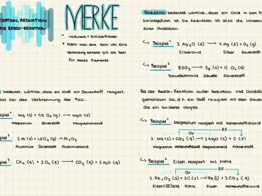 Oxidation: Stoff reagiert mit Sauerstoff. Beispiel: Magnesium verbrennt zu Magnesiumoxid.