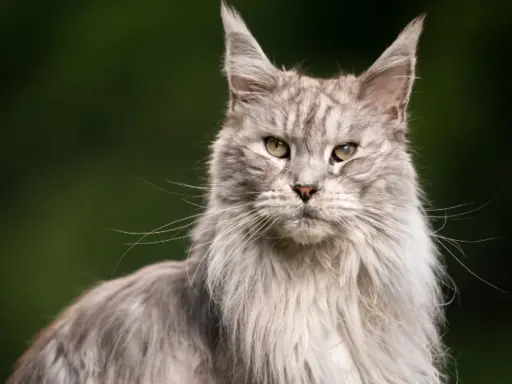 Szary, długowłosy kot Maine Coon z zielonymi oczami. Zastanawiasz się, ile żyje kot dachowiec? Ten majestatyczny kot wygląda na zdrowego i silnego.