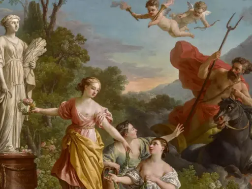 Scène mythologique : l'enlèvement de Proserpine par Pluton, sur fond de paysage champêtre avec des nymphes et des angelots.