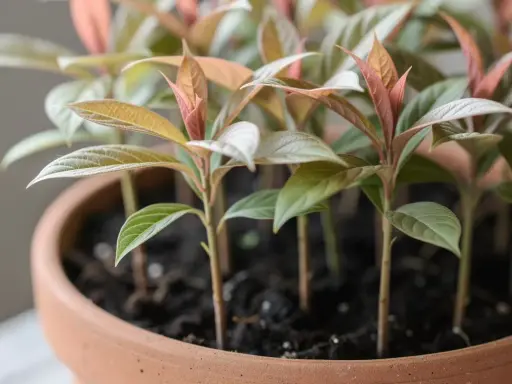 Jeunes pousses aux feuilles vertes et rosées, prêtes à grandir. L'art de faire pousser un noyau de litchi.
