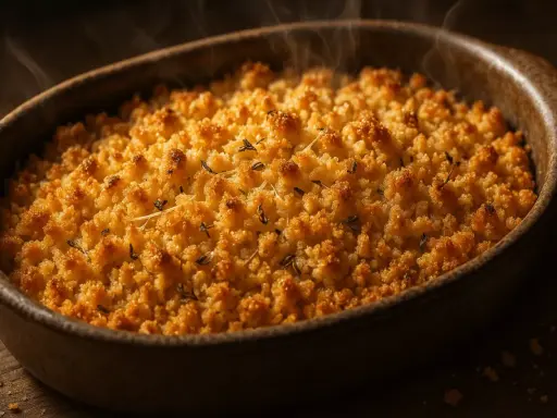 Un délicieux crumble sortant du four, fumant et doré. Parfait pour une recette de crumble maison.