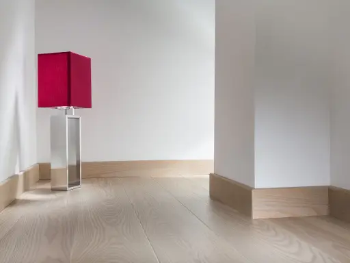 Enkel golvlistsinspiration i ljust trä som ramar in ett modernt rum med en röd bordslampa.