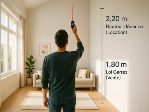 Un homme mesure la hauteur sous plafond d'un salon lumineux avec un appareil laser. Les mesures indiquent 2,20 m pour la décence locative et 1,80 m pour la loi Carrez.