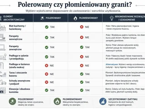 Tabela porównująca granit polerowany i płomieniowany. Płomieniowany granit jest idealny na zewnątrz, np. na tarasy i schody, zapewniając bezpieczeństwo.