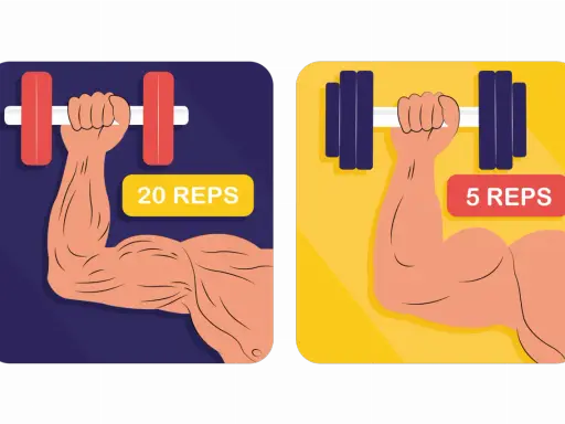 Zwei Arme mit Hanteln. Links: viel Gewicht, wenig Wiederholungen (5 Reps). Rechts: wenig Gewicht, viele Wiederholungen (20 Reps).