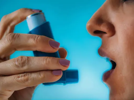 Person nutzt Asthmaspray vor oder nach dem Sport. Die Hand hält das blaue Gerät, der Mund ist geöffnet.
