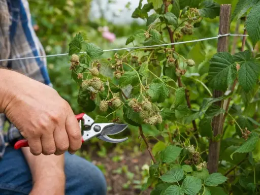 Main d'un jardinier tenant un sécateur, prêt à tailler des framboisiers remontants chargés de jeunes fruits verts.