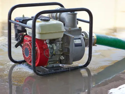 Una motobomba roja y plateada, con una manguera verde, está sumergida en agua turbia, lista para drenar.