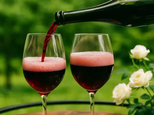 Rotwein wird in zwei Gläser gegossen, wobei sich Schaum bildet. Ein Hauch von Lambrusco Rotwein für einen schönen Abend.
