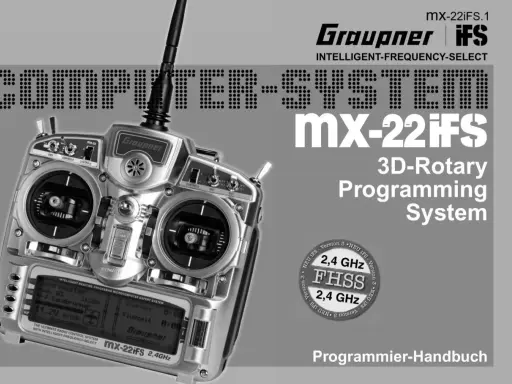 Graupner MX-22iFS 2,4GHz Fernsteuerung mit 3D-Rotary Programming System. Der Futaba Stecker ist hier nicht zu sehen, aber das Handbuch ist für das System.