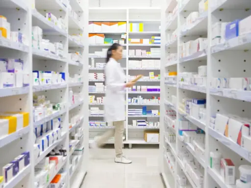 Farmaceutka w białym fartuchu idzie między regałami pełnymi leków. Widać, na co **emanera na co** się przygotowuje, zapewne do wydania pacjentowi.