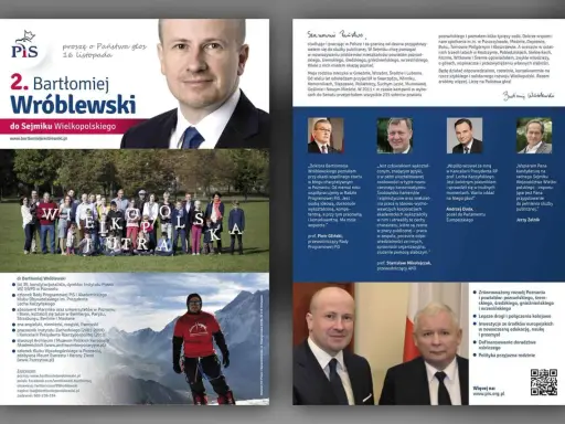 Ulotka wyborcza Bartłomieja Wróblewskiego do Sejmiku Wielkopolskiego. Kandydat PiS prezentuje swoje cele i poparcie.