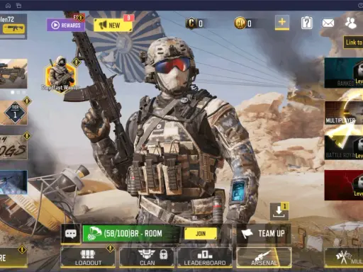 Główny ekran Call of Duty Mobile PC z żołnierzem w kamuflażu, menu gry i opcjami rozgrywki.